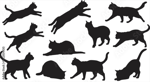 Seamless pattern of elegant black cat silhouettes in various dynamic poses, including jumping, sitting, and walking, artistically arranged on a crisp white background, ideal for pet-themed textiles, p