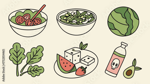 Clean Eating Healthy Food Choices and Toxic Substances Line Art Illustration for Nutrition Wellness Diet and Detox Lifestyle Content