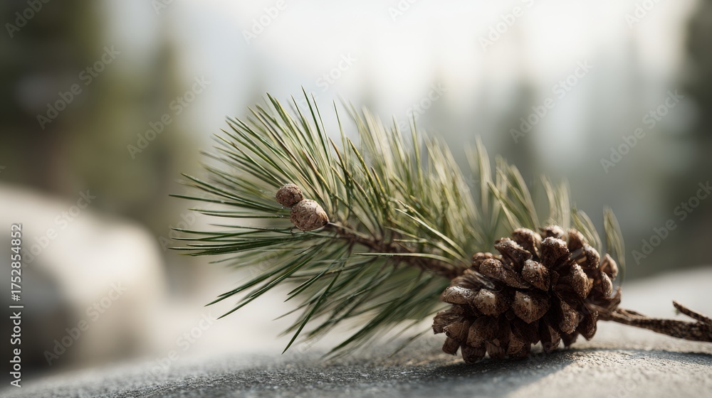 Fototapeta premium Close-up of a pine branch with a pine cone, showcasing vibrant green needles and the earthy brown of the cone against a soft, blurred background.