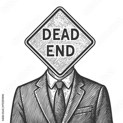 man in a suit with Dead End road sign for head, symbolizing burnout, stagnation, or hopelessness sketch engraving generative ai fictional character vector illustration. Scratch board. Black and white.