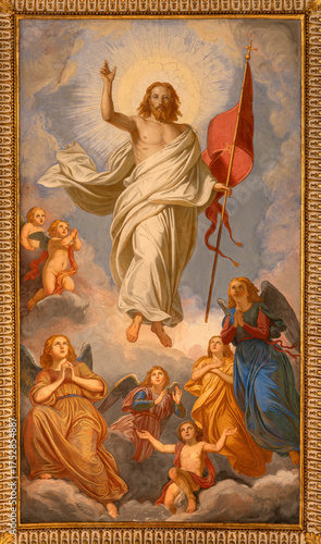 CAVA DE TIRRENI, ITALY - OCTOBER 7, 2025: The ceiling fresco of Resurrected Jesus in the church Abbazia Santissima Trinita by Vincenzo Morani (cca 1860).