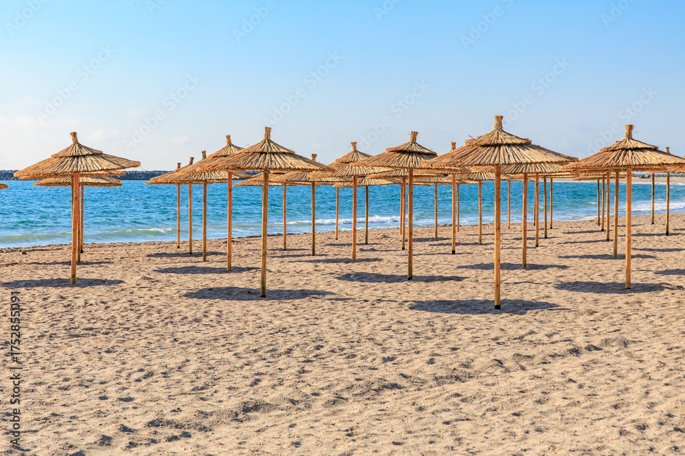 Fototapeta premium Sandy beach with straw umbrellas by the ocean under clear blue sky
