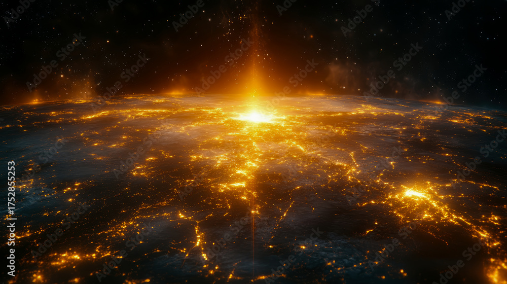 Obraz premium Dramatic aerial view of Earth at night, engulfed in network of glowing city lights, with colossal column of brilliant orange energy erupting into dark, star-filled cosmos from its surface.