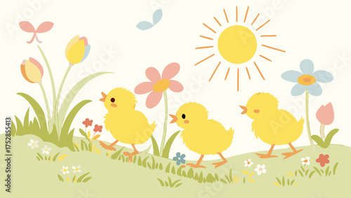 Happy Yellow Chicks Strolling in Sunny Spring Meadow with Colorful Flowers and Butterfly Cute Cartoon for Easter Kids Marketing and Design
