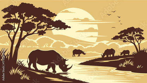 Serene African Savanna Sunset with Majestic Rhinos Drinking from River. Wildlife Conservation, Safari Tourism, Nature Travel.