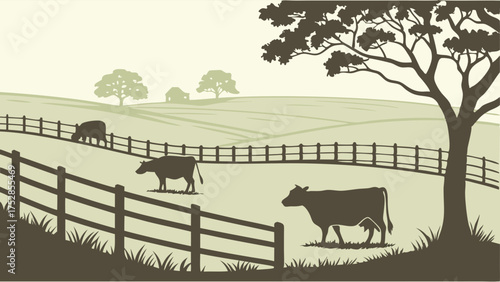 Peaceful Rustic Rural Landscape with Grazing Dairy Cows and Wooden Fences. Idyllic Farm Scene for Agriculture, Sustainable Food, and Countryside Living.