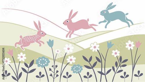 Cute Rabbits Hopping in Spring Meadow with Blooming Flowers. Joyful Children's Easter Illustration for Kids Books and Web Design.