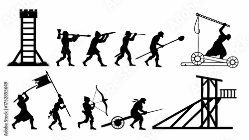 Black Silhouettes Medieval Warfare Ancient Battle Scene Warriors Siege Equipment Historical Conflict Strategy Education Publishing Game Design