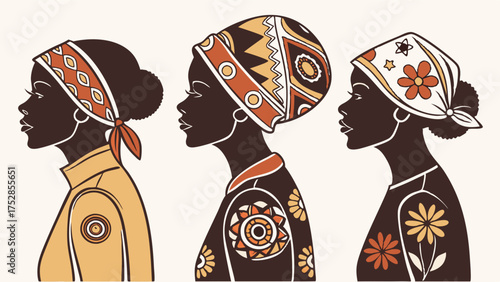Confident Black Women in Profile Wearing Stylish Headscarves with Vibrant Cultural Patterns Vector Illustration for Diversity and Fashion Advertising