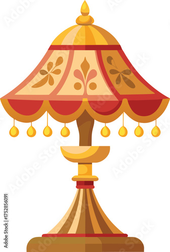Ornate golden and red decorative umbrella with tassels and floral patterns