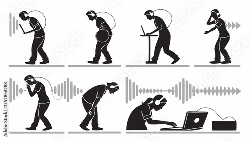 People with Headphones Immersed in Digital Audio Waves for Work Focus or Reacting to Noise Distraction and Stress