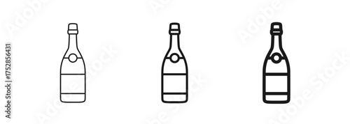 Champagne bottle in thin, regular, and bold styles. Festive drink. Party, wedding celebration. For web design and mobile apps. Bar, pub, restaurant menu design. Vector illustration isolated on white