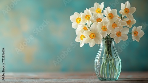A beautiful bouquet of white daffodils in a glass vase on a wooden table.