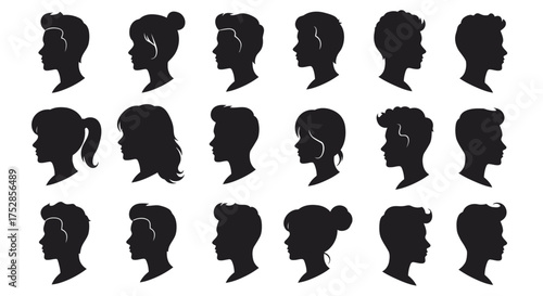 Diverse group of young children, teenagers, and young adult head silhouettes depicted in various profile views, showcasing a wide range of ages, genders, and hairstyles for identity and demographic re