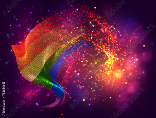 Rainbow,vector 3d flag with a splash of paint dots, explosion of colored dots