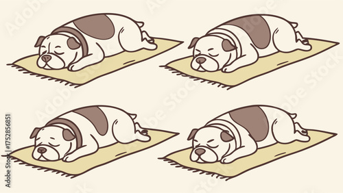 Peaceful Sleeping Bulldogs on Cozy Mats Cute Pet Relaxation Illustration for Veterinary Care Stress Relief and Home Decor Marketing