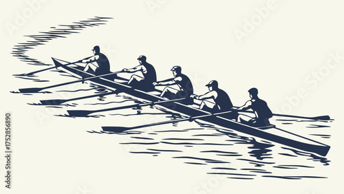 Vintage Rowing Team Illustration. Five Rowers in Synchronized Effort, Driving Forward with Teamwork, Strength, and Business Collaboration.