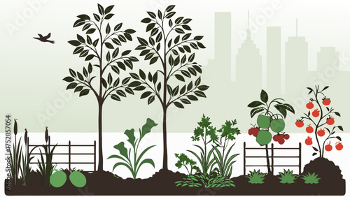 Sustainable Urban Garden Growing Fresh Organic Vegetables and Trees City Skyline Eco-Friendly Community Farming Project