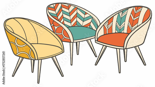 Three Stylish Mid Century Modern Lounge Chairs with Geometric Retro Patterns. Vintage Furniture for Interior Design, Home Decor, Lifestyle.