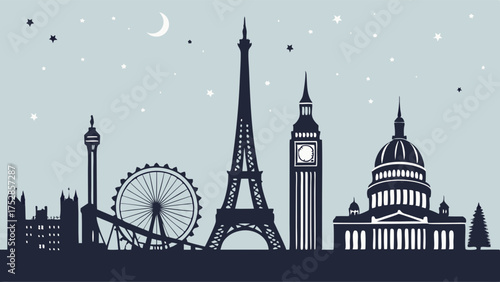 Iconic Global City Skyline Silhouette at Night with Famous International Landmarks for Travel Tourism and Business Marketing