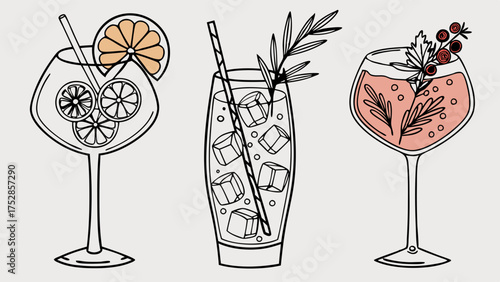 Refreshing Summer Cocktails Line Art Illustrations Set for Bar Menu Design Restaurant Graphics Event Invitations and Social Media