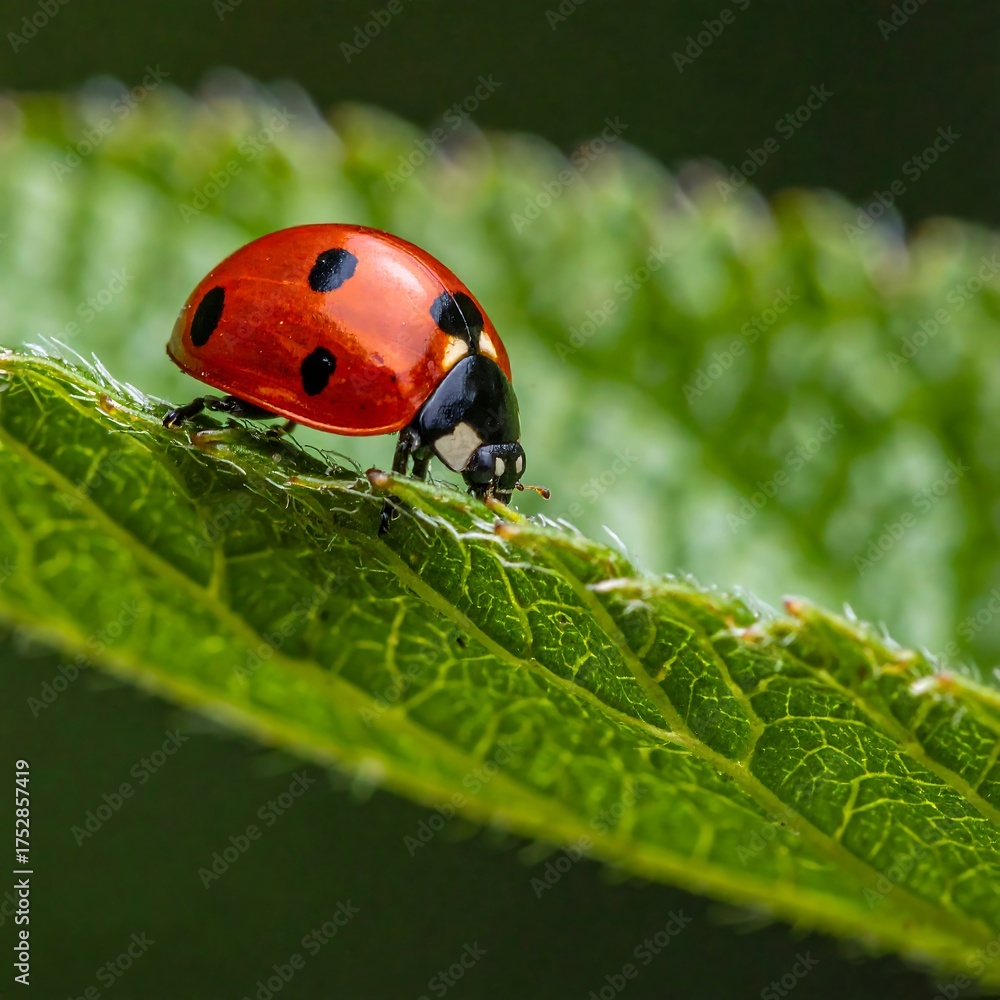 Obraz premium Close-up of a vibrant red and black insect on a bright green leaf