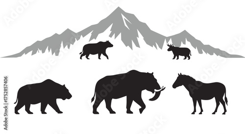 Diverse wild animal silhouettes: prehistoric mammoth, strong bear, agile horse, distant creatures navigate rugged mountain range. ancient wilderness, primal strength, spirit of adventure. clean vector