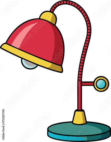 Retro cartoon desk lamp with a flexible gooseneck arm and a red bell shaped shade