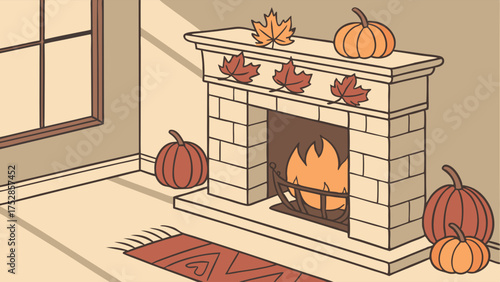 Cozy Autumn Fireplace Decor Illustration with Pumpkins and Fall Leaves for Seasonal Home Marketing