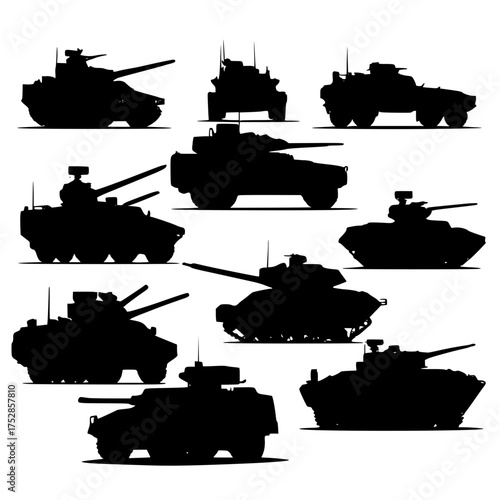 A comprehensive collection of diverse military tanks and powerful armored vehicles, depicted as stark black silhouettes, symbolizing ground combat, army defense, and modern warfare