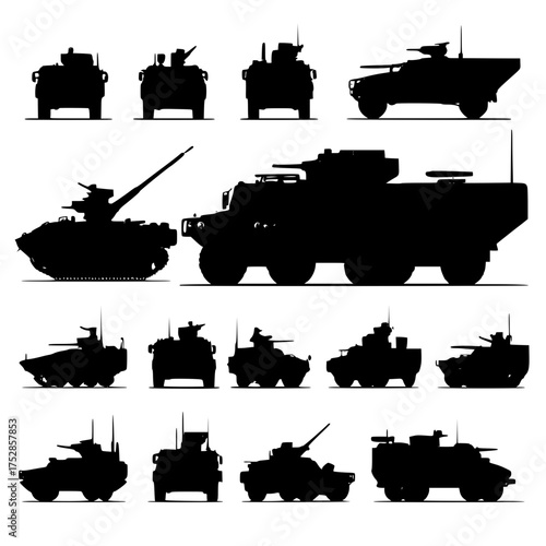 Collection of Silhouetted Military Vehicles and Armored Transports displayed from multiple angles