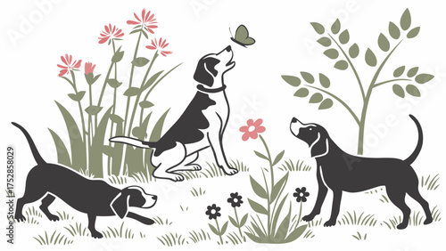 Playful Beagle Dogs Exploring Spring Garden with Butterfly and Wildflowers Whimsical Pet Care Illustration for Nature and Family Content