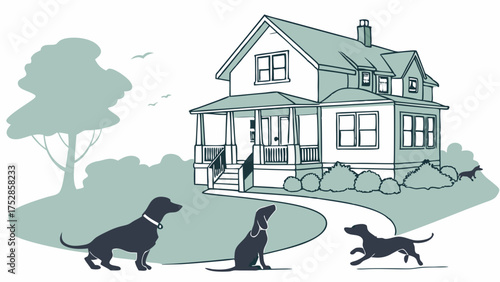 Illustrated Happy Family Home with Dogs Playing in Front Yard Pet Friendly Suburban House for Real Estate Lifestyle Web Design