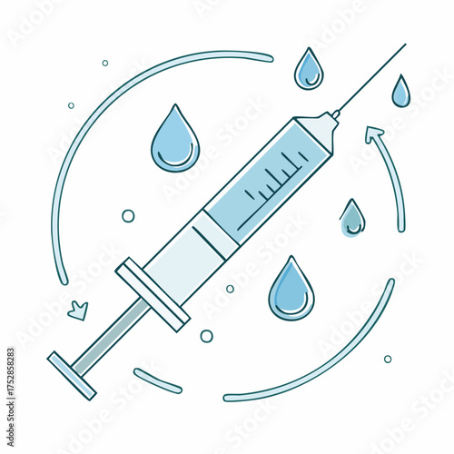 Vector Illustration of Medical Syringe with Droplets.