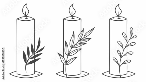 Line Art Candles with Botanical Branches. Elegant Minimalist Outline Illustration for Christmas, Holiday, Wedding Invitations, Spa, Wellness, and Home Decor.