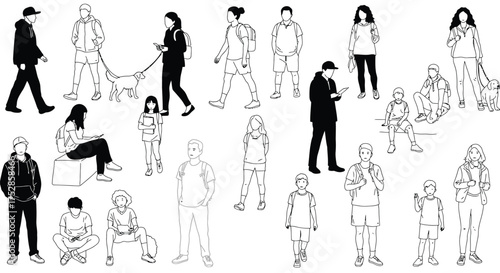 A diverse collection of minimalist line art illustrations showcasing various people engaged in everyday activities like walking, sitting, standing, and using mobile phones with pets.