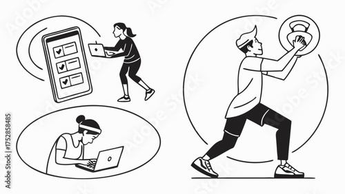 Online Personal Trainer and Digital Fitness Coach. Young Man Exercising with Kettlebell, Woman Planning Workouts on Tablet and Laptop.