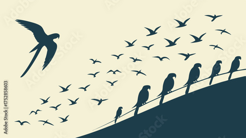 Courageous Bird Flying Away from Flock on Wire for Business Leadership Innovation and Personal Freedom Journey