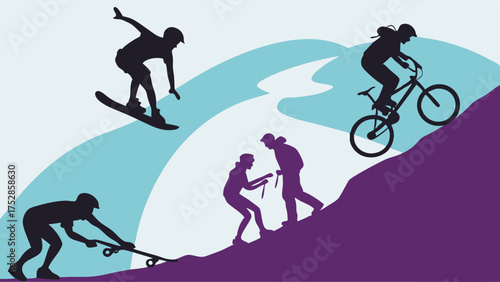 Active Adventurers Silhouettes on Mountain Path: Snowboarding, Mountain Biking, Hiking, Skateboard. Challenge, Progress, Outdoor Sports Motivation.