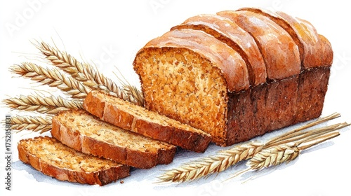 Artistic Watercolor Bread Loaf with Wheat Stalks Illustration.
