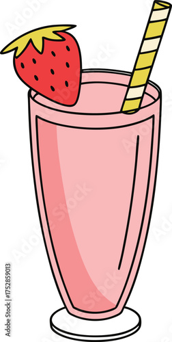 A vibrant hand drawn illustration of a tall glass filled with a creamy pink strawberry milkshake topped with a fresh red strawberry and a striped straw