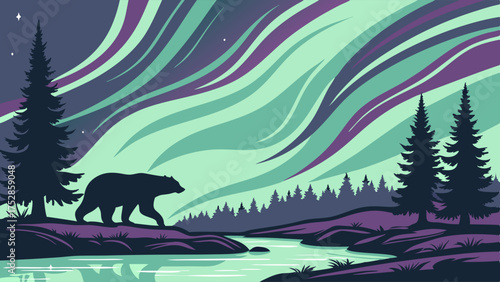 Majestic Bear Walking by River Under Vibrant Aurora Borealis. Wilderness Night Landscape Vector Illustration for Nature Travel, Wildlife, Environmental.
