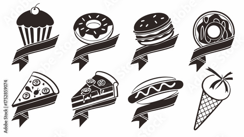Delicious Fast Food and Dessert Icons with Ribbons for Restaurant Menus Takeaway Promotions Cafe Branding and Web Design Elements