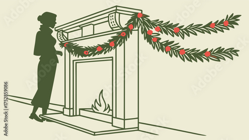 Woman Decorating Fireplace Mantel with Festive Christmas Garland. Cozy Holiday Home Decor, Seasonal Celebration Illustration