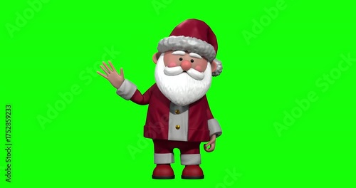 3D Cartoon Santa Claus Waving Animation with a green screen background with a luma matte in the end.
