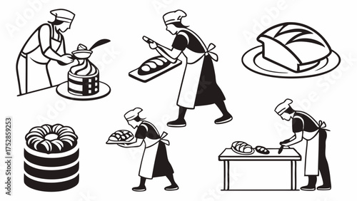 Artisan Bakers and Pastry Chefs Crafting Delicious Cakes and Fresh Bread. Professional Culinary Food Preparation Vector Set.