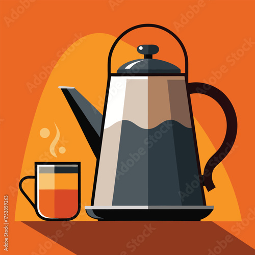 Vintage style illustration of a classic stovetop kettle with a steaming cup of coffee or tea on a warm orange background with soft lighting and shadows
