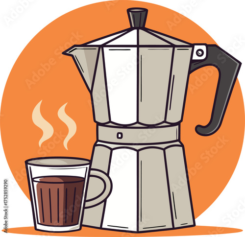 A classic aluminum stovetop moka pot coffee maker with a glass of hot dark espresso coffee and steam rising against a vibrant orange circular background