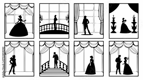 Elegant Silhouettes of Men and Women in Period Attire Posing by Grand Windows Romantic Historical Storytelling Graphic for Book Covers Web Design Events