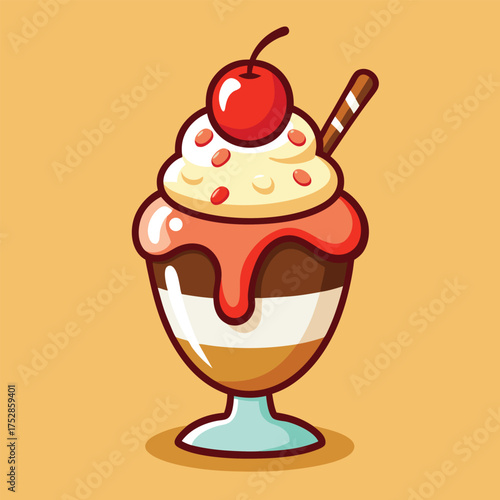 Delicious cartoon illustration of a tall glass sundae overflowing with creamy vanilla ice cream topped with strawberry sauce and a bright red cherry and a wafer stick on a warm orange background